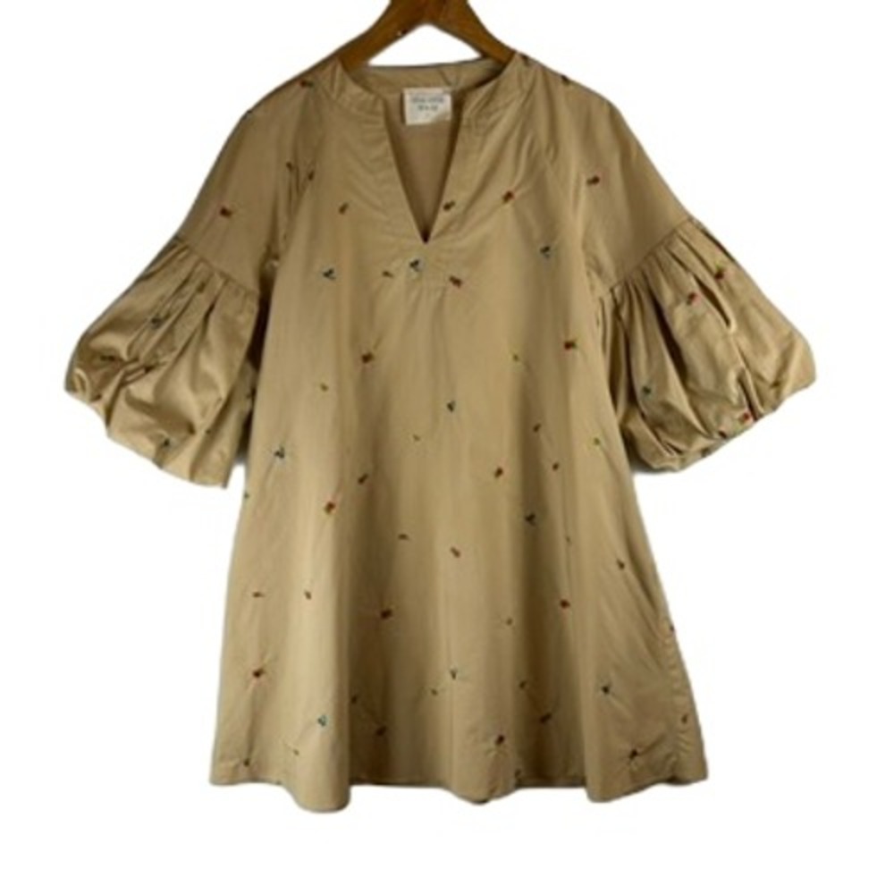 Hyacinth House Tuckernuck Tan Floral Embroidered Puff Sleeve Cotton Mini Dress